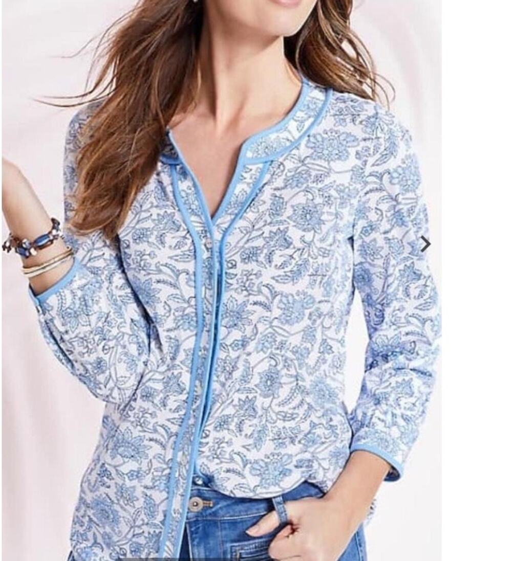 J. Jill Cottagecore White Blue Floral Button Front Cotton Modal Shirt Medium NWT
